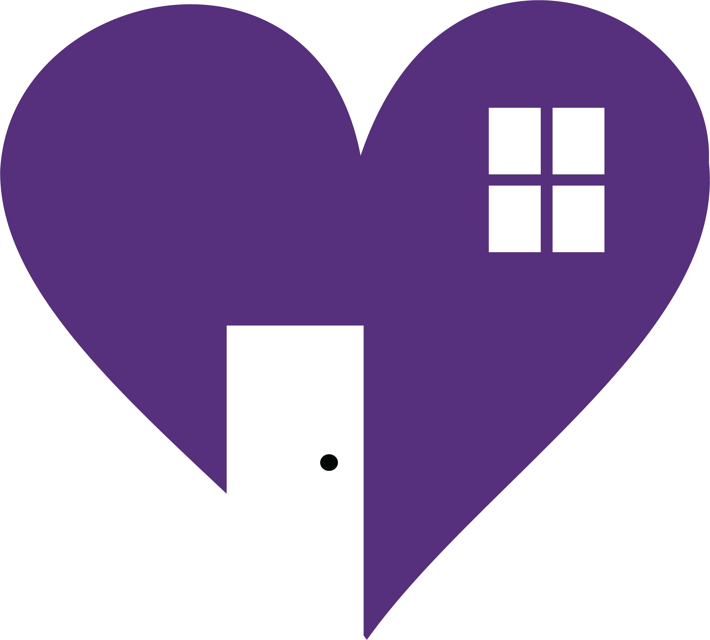 Image of a purple heart in the shape of a home, with a doorway and window cut out of the heart