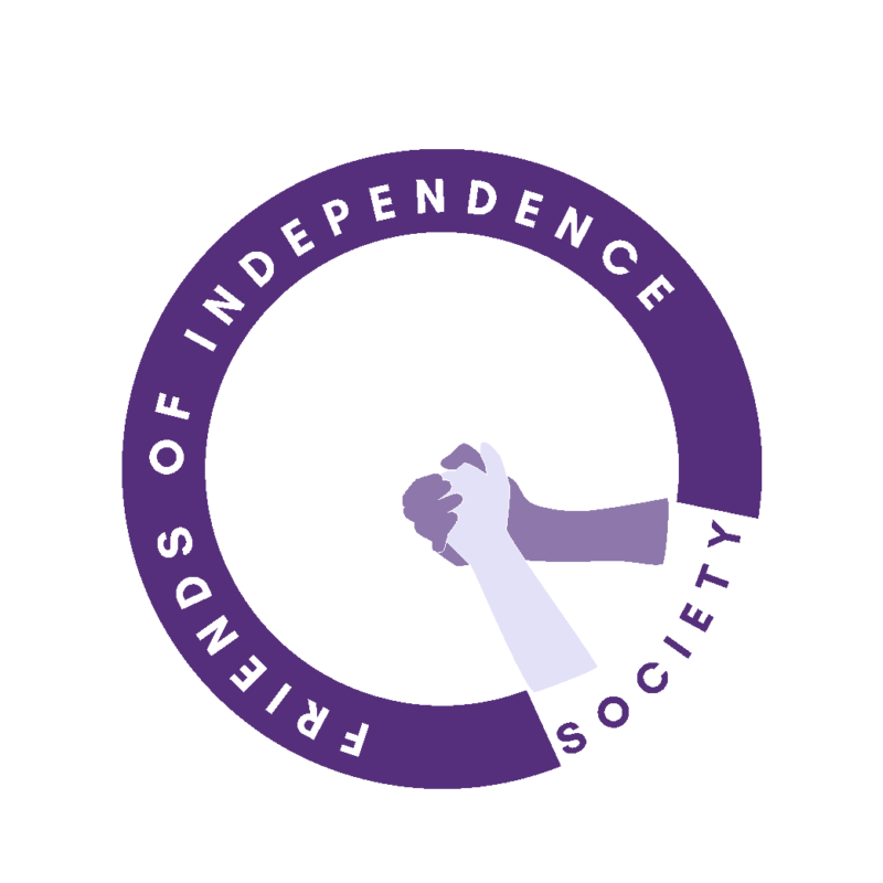 Image of the Friends of Independence Society Logo. An open purple circle with a 15% gap. Friends of Independence written in the purple. Society written in the gap. A light purple and a dark purple hand bridging the gaps.