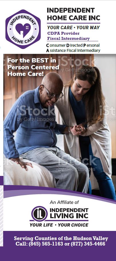 Brochure cover image - Independent Home Care - Image of a male in a wheelchair and a female assisting.